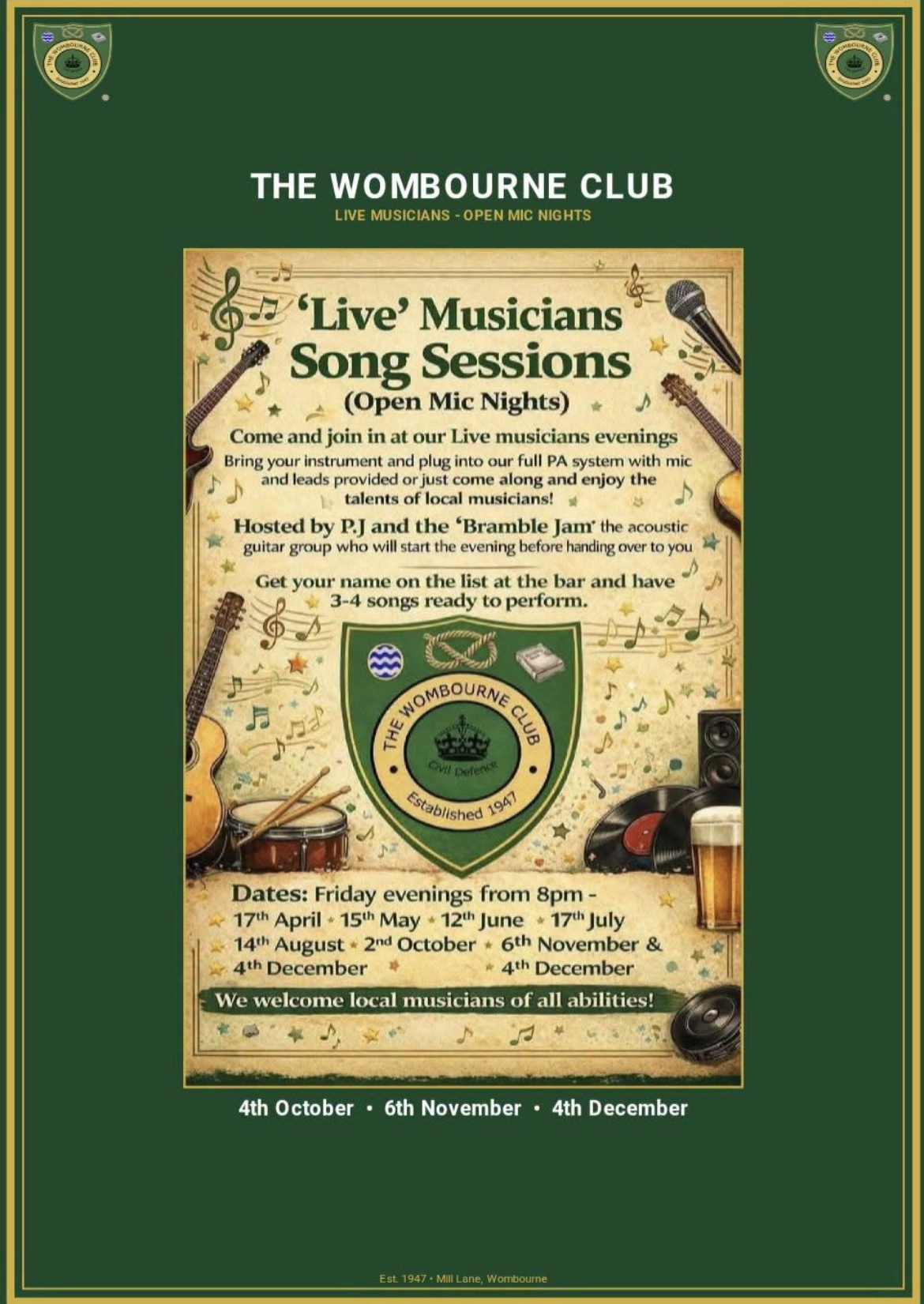 'Live' Musicians Song Sessions (Open Mic Nights)
